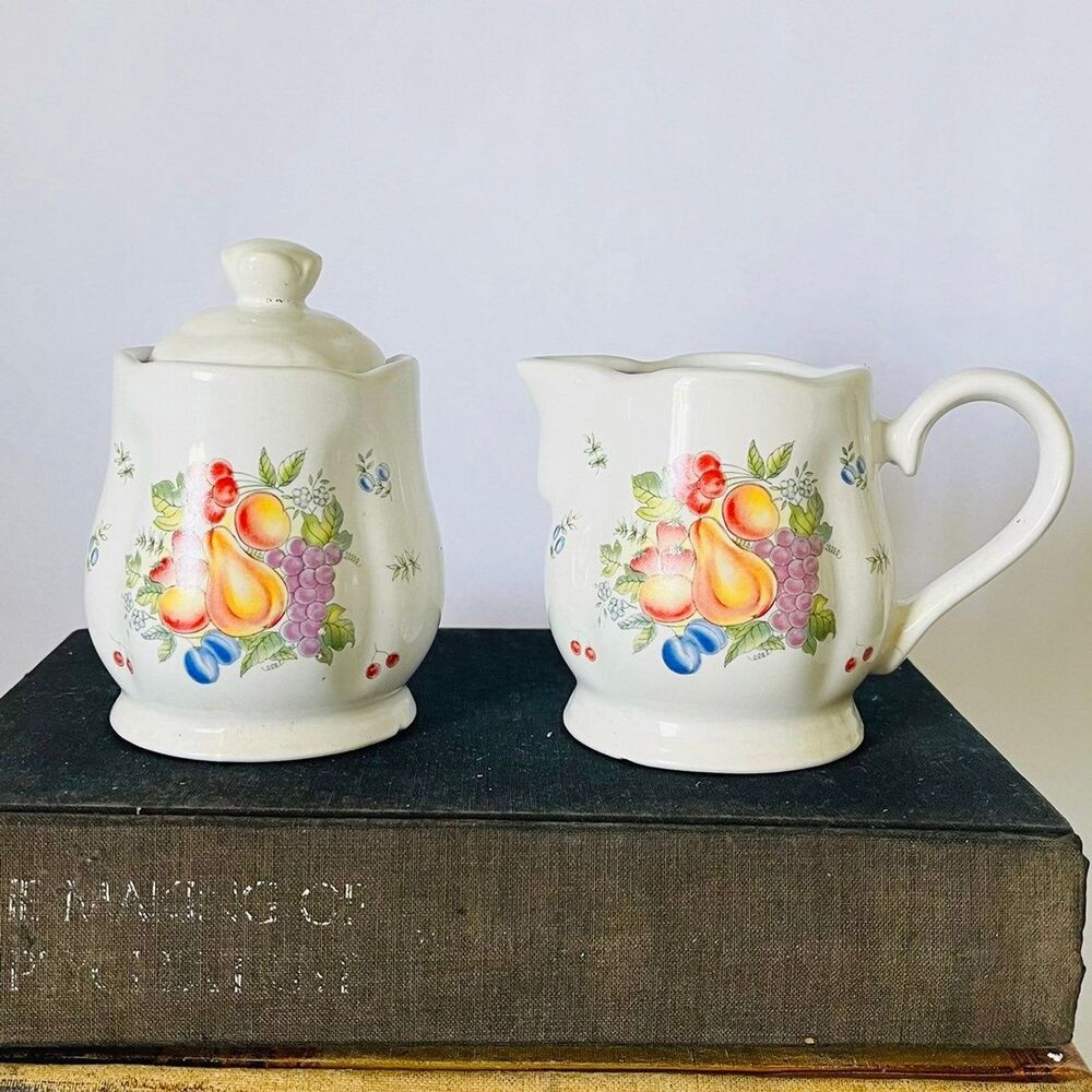 Vintage White Ceramic Sugar & Creamer Set Colorful Fruits Design Made In Taiwan